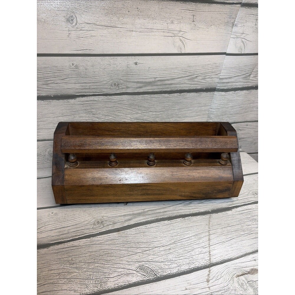 Vintage Wooden Spindle Wall Pocket Spice Trinket Mail Plant Shelf Box Holder